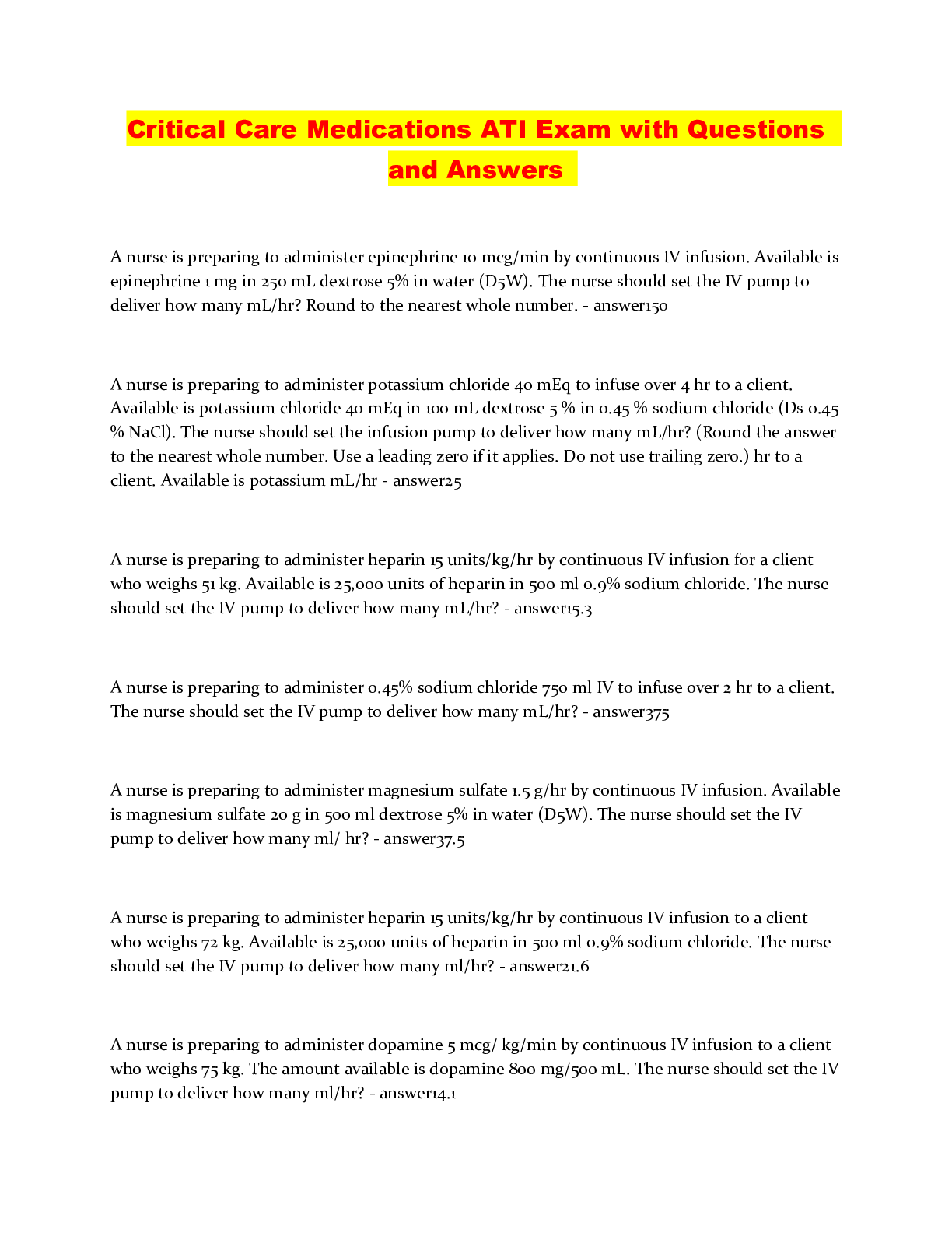 Preview of Critical Care Medications ATI Exam with Questions and Answers